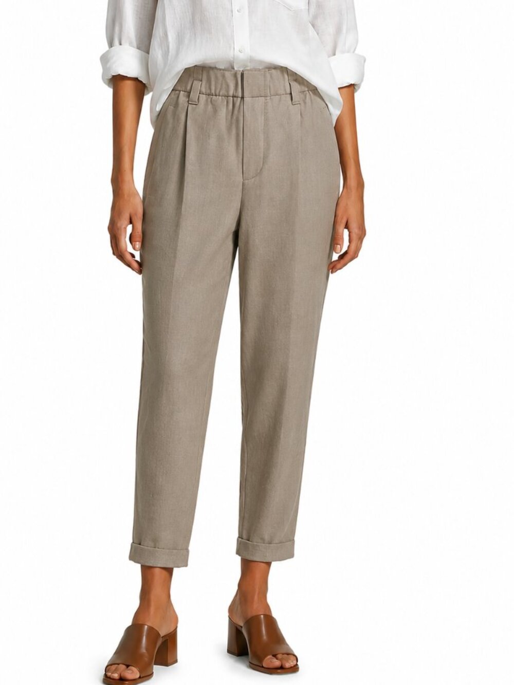 Brunello Cucinelli Tan Khaki Pants Relax Fit Elastic Waist Viscose Linen Size 10